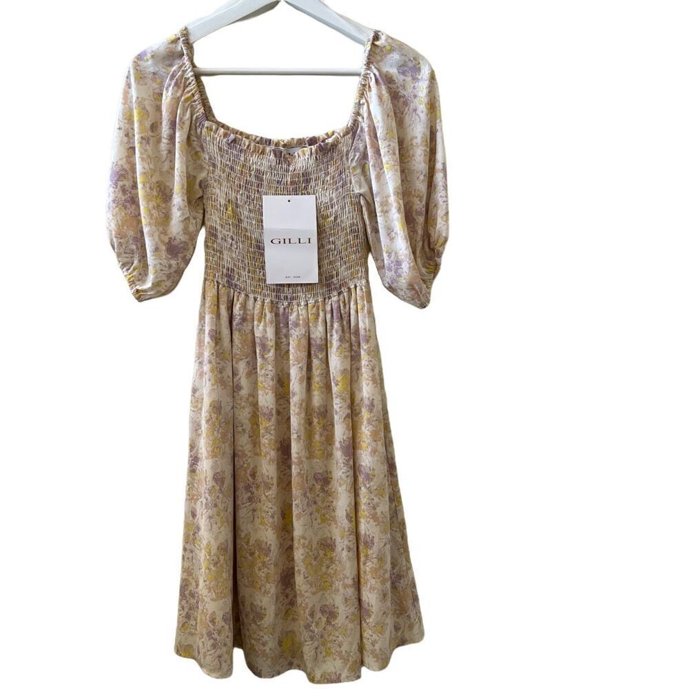 Gilli Floral Milk maid puffy sleeve sundress midi XS lavender tan